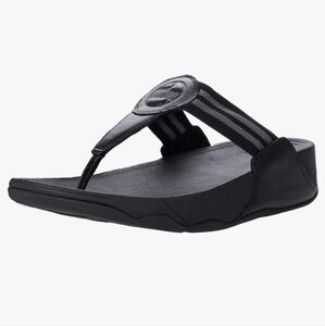 FitFlop Walkstar Black Leather Nylon Flip Flop Toe-Post Wedge Platform Sandals 9